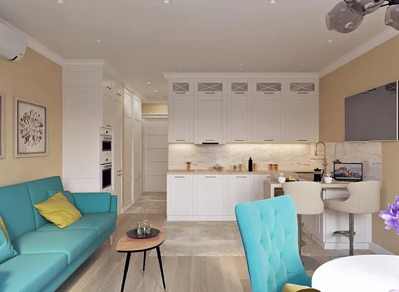 Дизайн-проект 1-комнатной квартиры 40,9 кв.м по адресу: Москва, поселение Сосенское, поселок Коммунарка, улица Бачуринская, дом 7, корпус 2